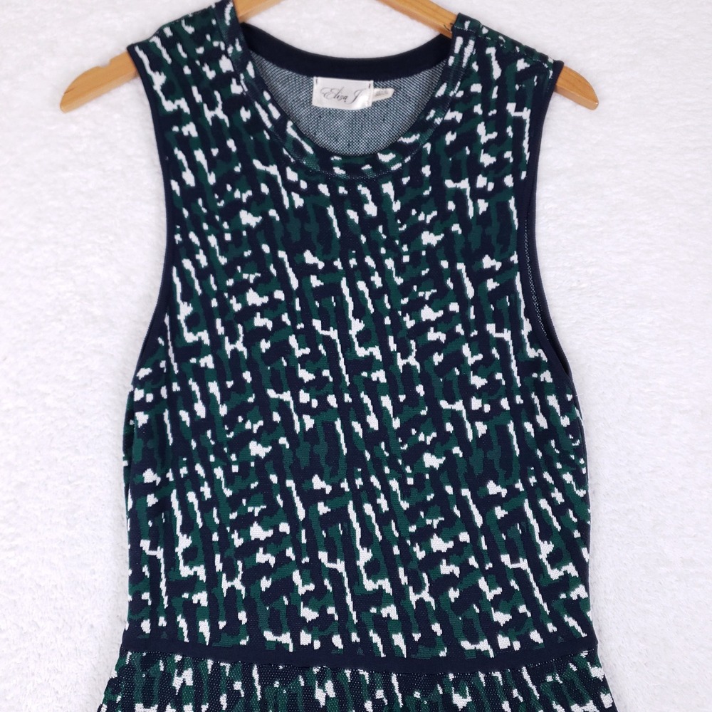 Eliza J Fit and Flare Dress Women L Sleeveless Abstract Knit Navy Green Workwear - Picture 2 of 11